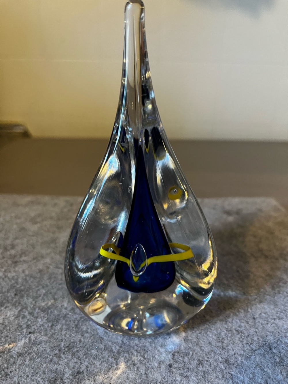 Adam Jablonski Hand Blown Signed Tear Drop Art Glass Paperweight Cobalt Yellow